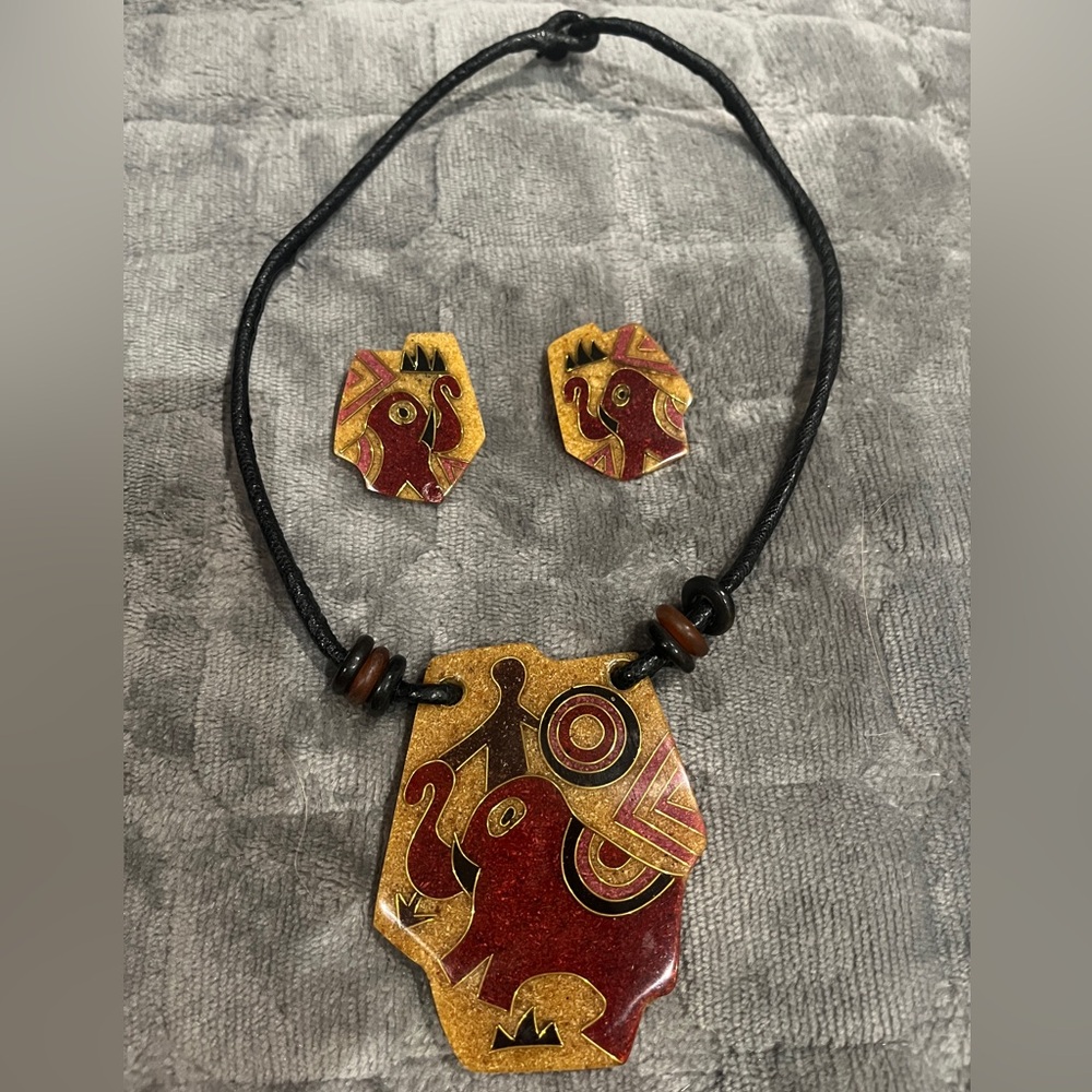 Story Teller Gold Inlay Artisan Elephant Necklace Earring Set Ethnic Tribal Boho
